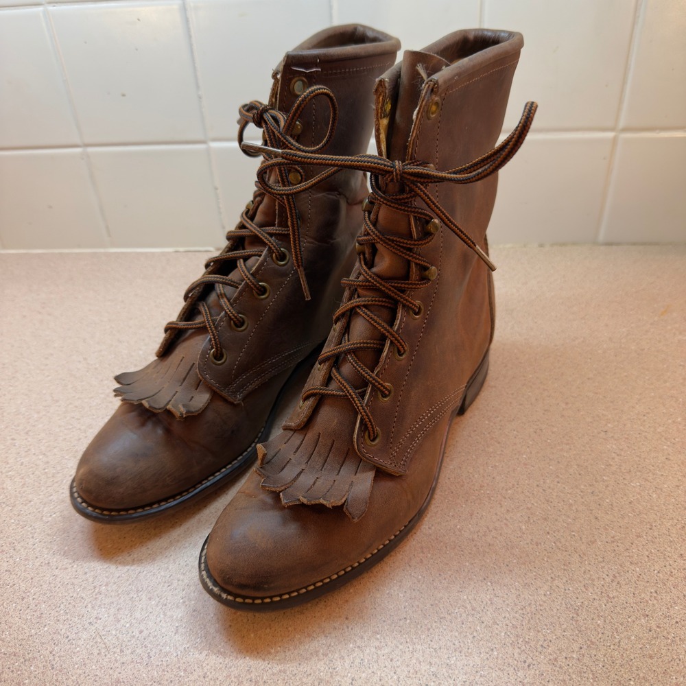 Vtg Laredo Womens Roper Leather‎ Lace Up Western Boots with Kilties Size 7 M